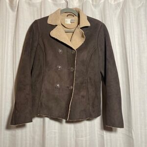 Womens Brown Faux Suede Sherpa Lined Double Breasted Jacket Coat 4 Vintage Y2k